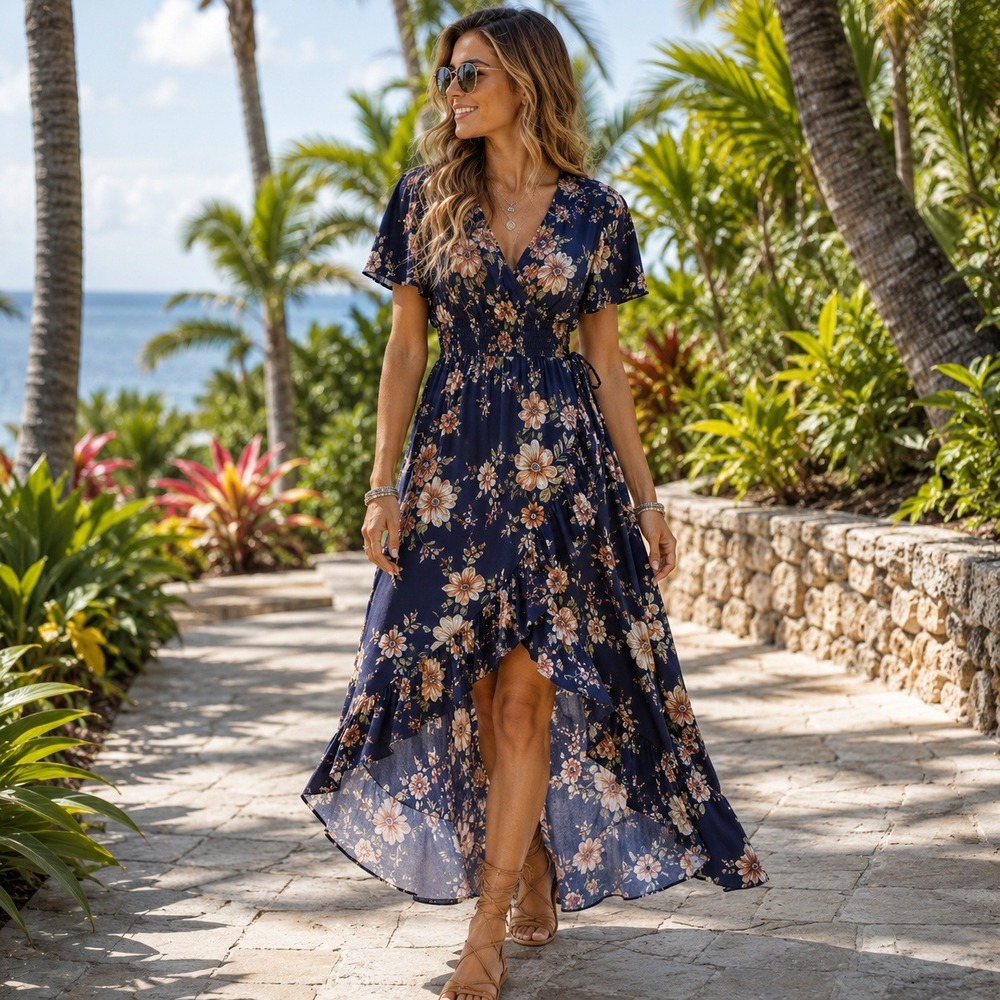 KorMei High Low Dress Womens Small Navy Floral Wrap V-Neck Smocked Waist Boho